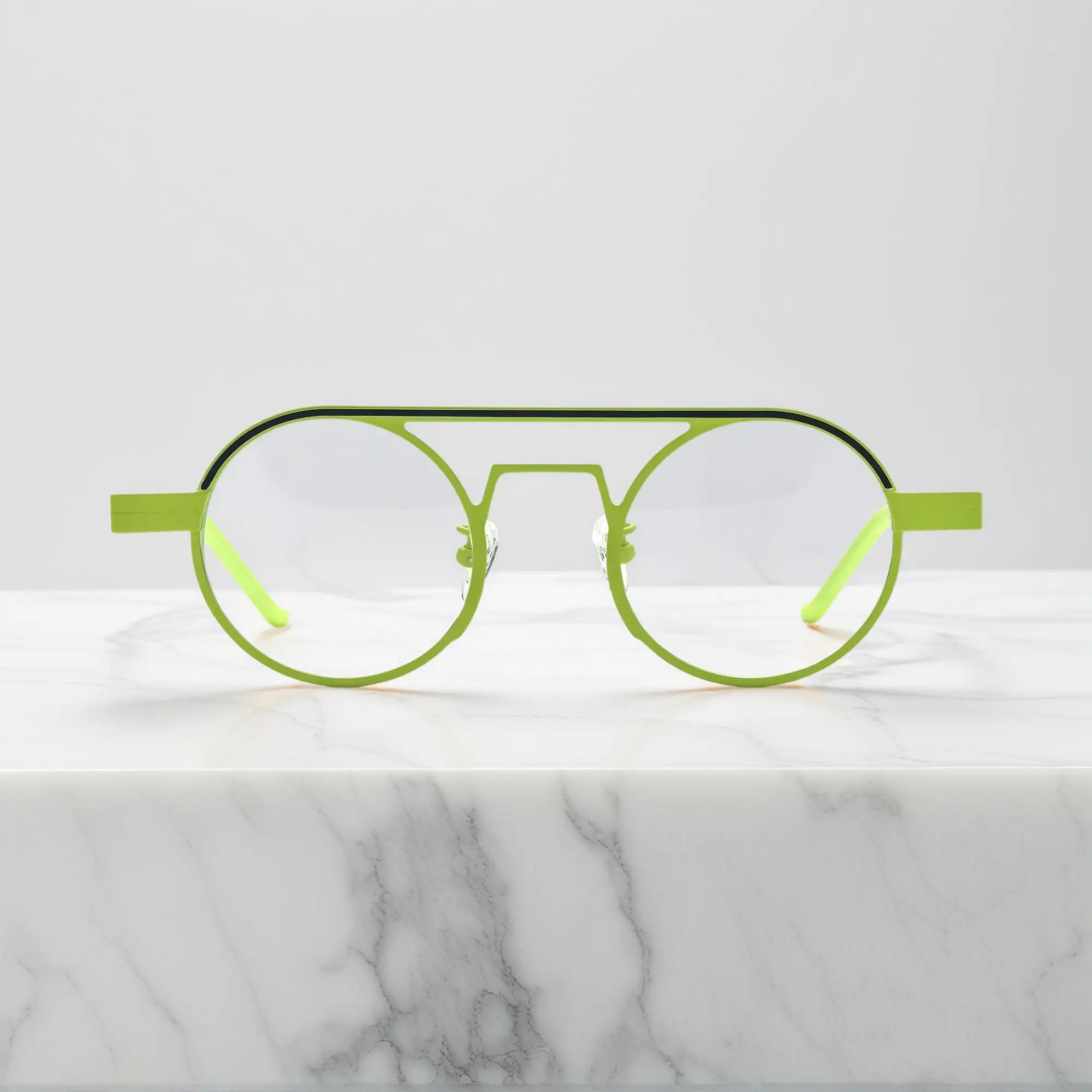 Front view of VoyueLens™ NeoPilot aviator glasses in Neon Moss bold green colorway for statement-making eyewear